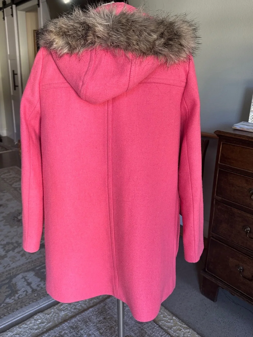 J. Crew Pink Hooded Wool-Blend Trench Coat with Faux Fur Trim